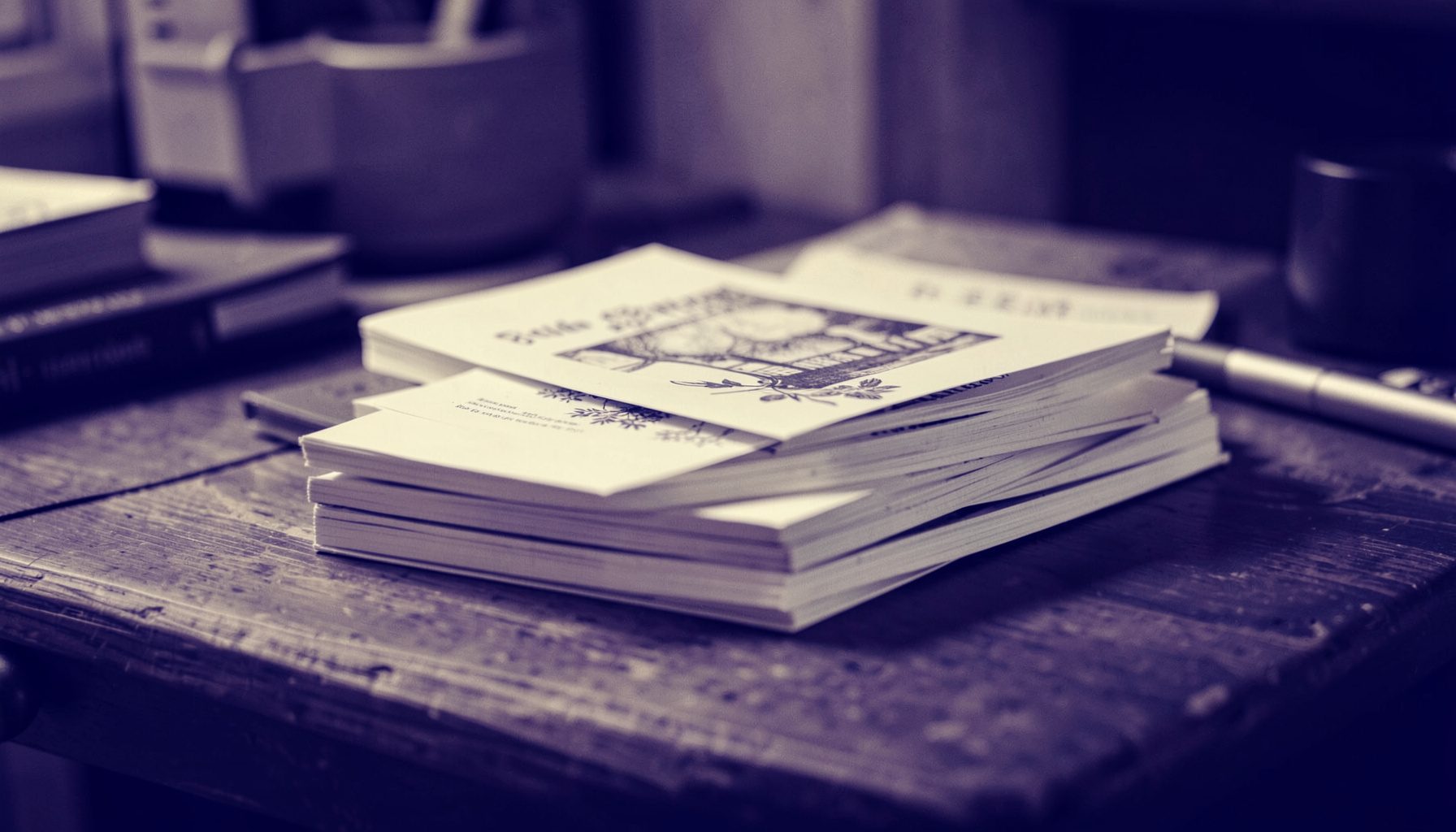 A warm duotone photograph of stacked literary journals on a wooden desk, deep navy shadows blending into cream highlights, evoking a quiet editorial workspace.